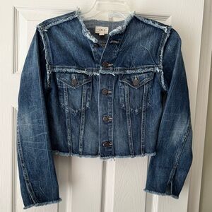 ABLE Womens Cropped Distressed Denim Jacket Blue Jean Raw Edge Hem - size Small